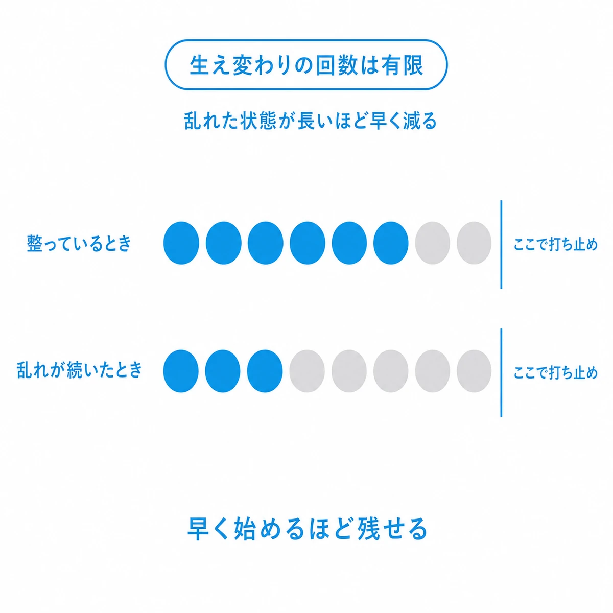 毛包が繰り返せる生え変わりの回数に限りがあり乱れが続くほど早く減ることを比べた図解