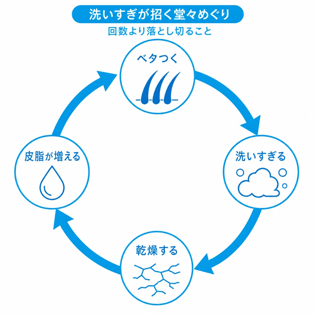 ベタつきから洗いすぎ乾燥皮脂の増加へと巡る20代の頭皮の悪循環を表した図解