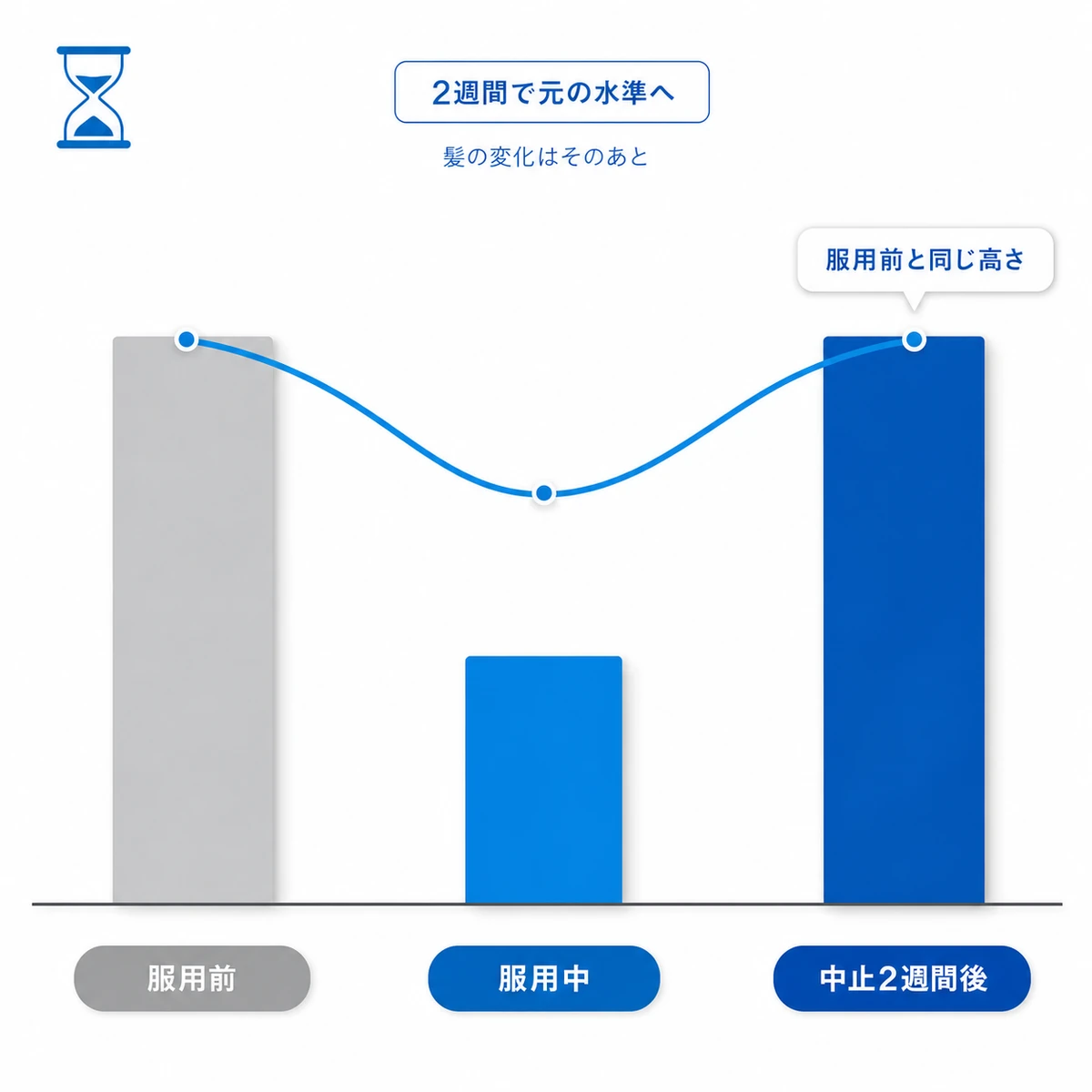 服用をやめると2週間で男性ホルモンの働きが元の水準へ戻ることを3本の縦棒で表した医療イラスト